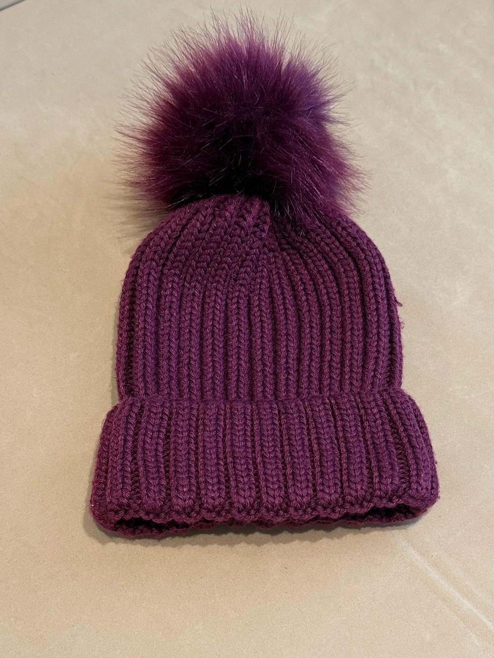 Plush Pom Pom Knit Beanie in Deep Plum